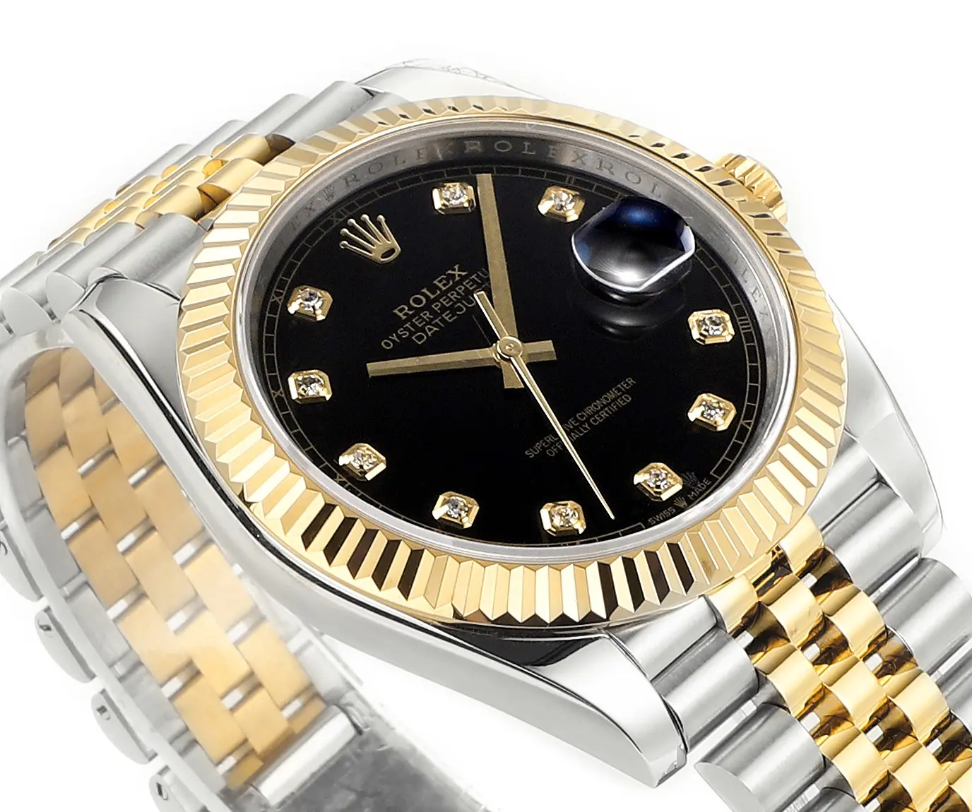 TimelessDesign Rolex Datejust 41mm Watch – Two-Tone Steel and Gold with Black Diamond Dial – Super Clone 111