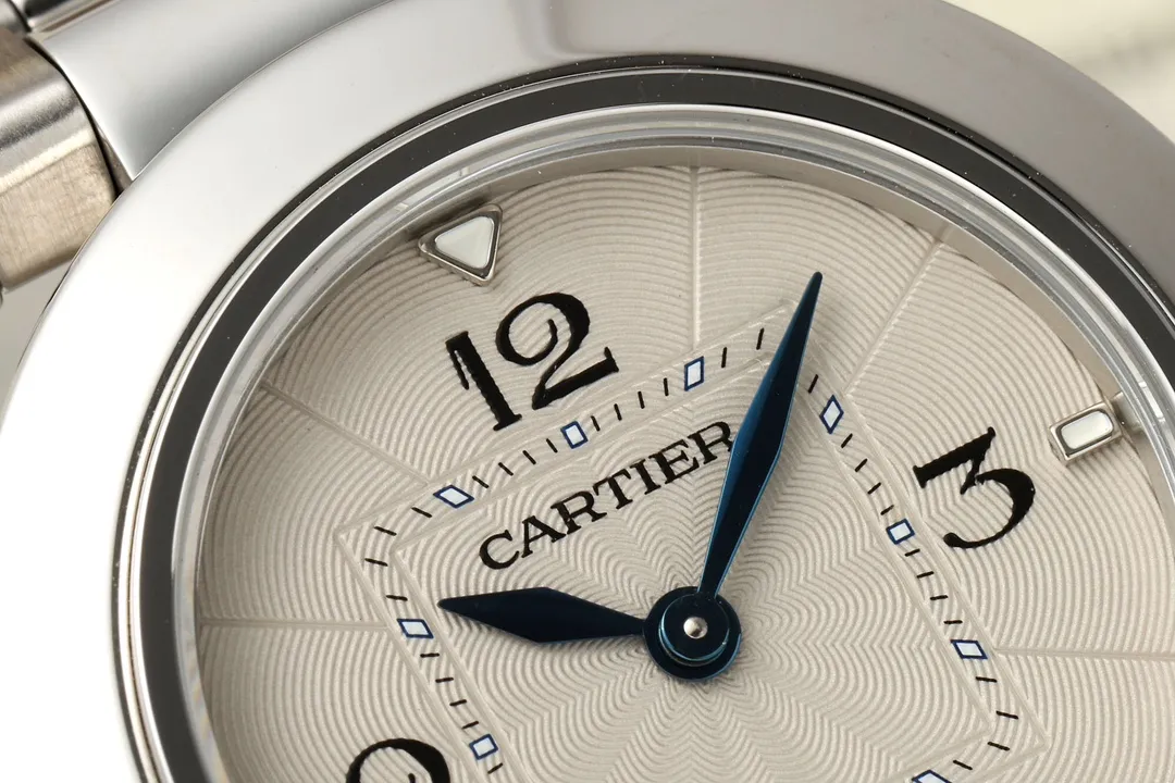 Cartier Pasha de Cartier Stainless Steel Automatic Watch with White Dial, Blue Hands, and Sapphire Crystal – Silver Tone Bracelet FashionForward 2814