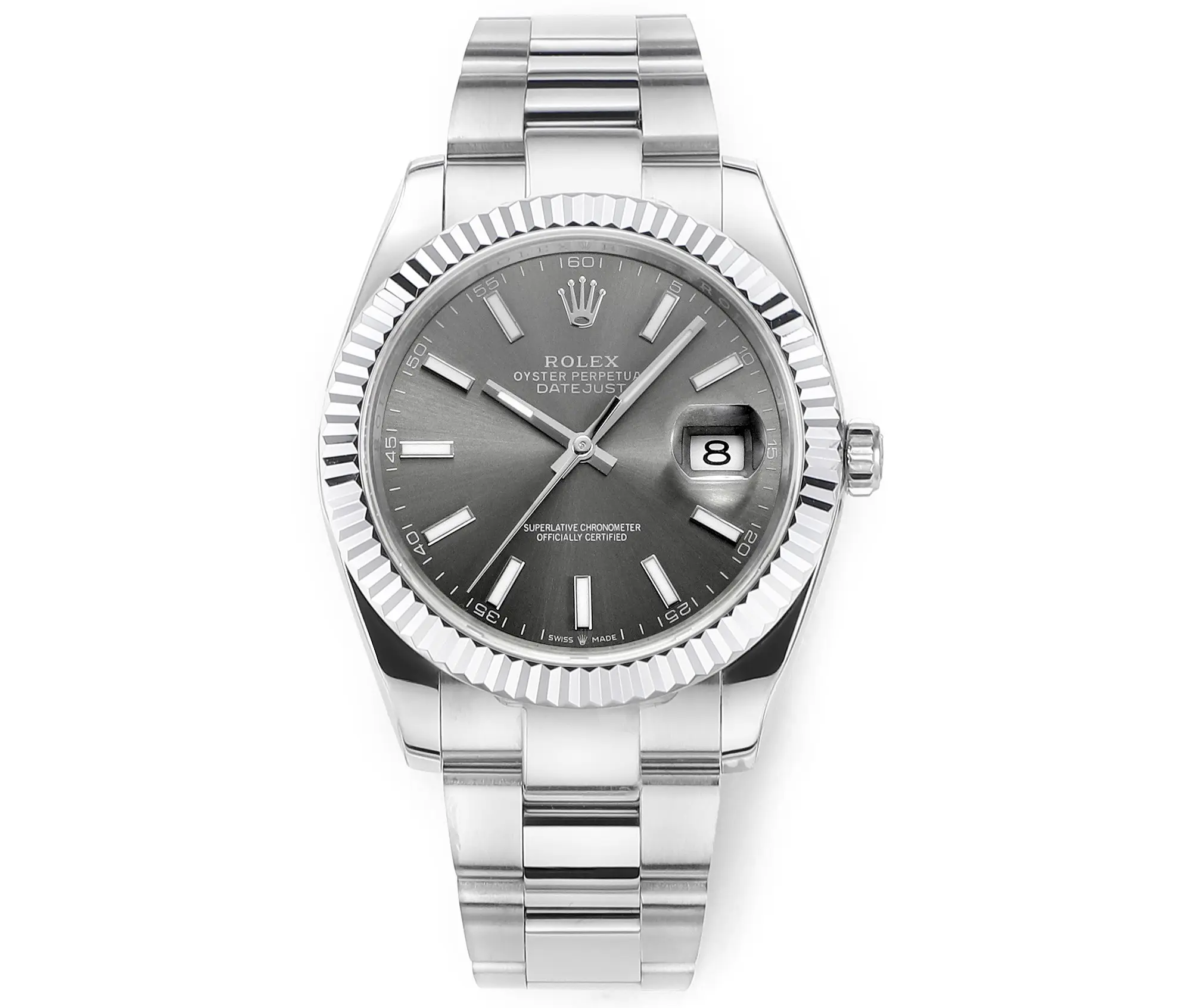 Rolex Datejust 41mm Watch – Silver Fluted Bezel, Grey Dial, Stainless Steel Bracelet, Super Clone VSF Rolex ModernLook 121