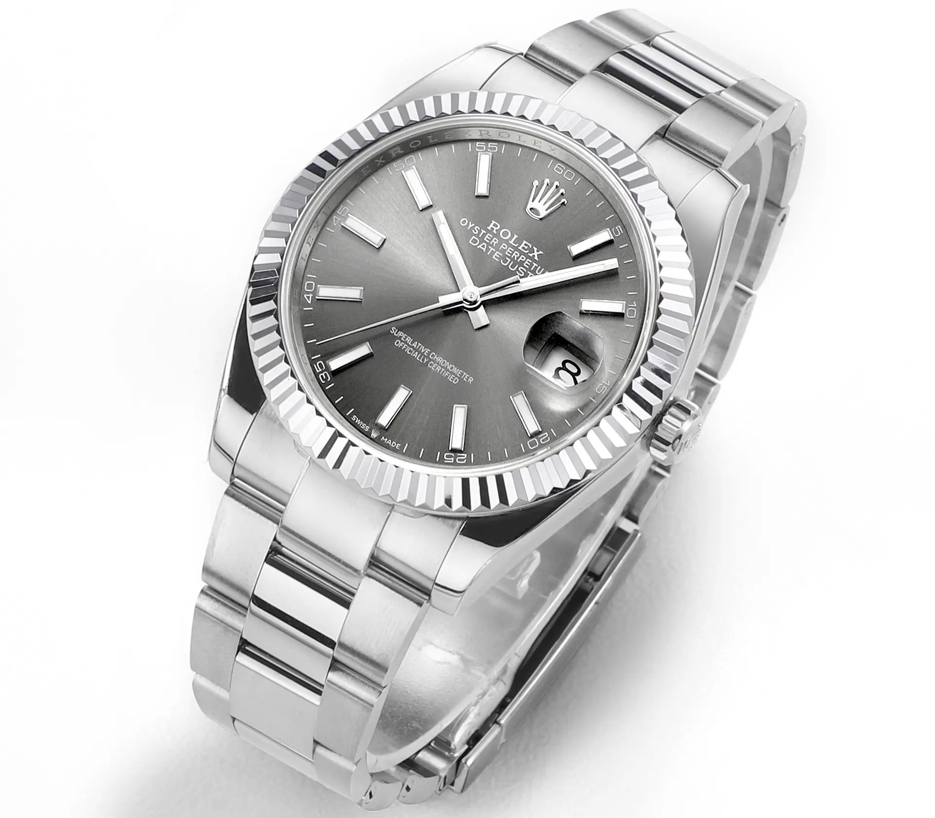 Rolex Datejust 41mm Watch – Silver Fluted Bezel, Grey Dial, Stainless Steel Bracelet, Super Clone VSF Rolex ModernLook 121