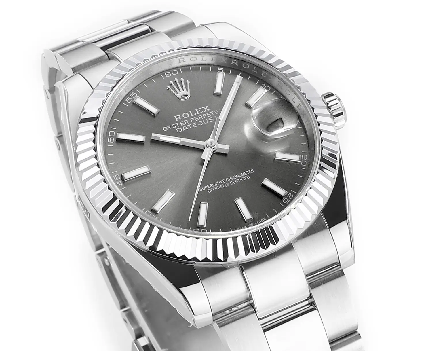 Rolex Datejust 41mm Watch – Silver Fluted Bezel, Grey Dial, Stainless Steel Bracelet, Super Clone VSF Rolex ModernLook 121