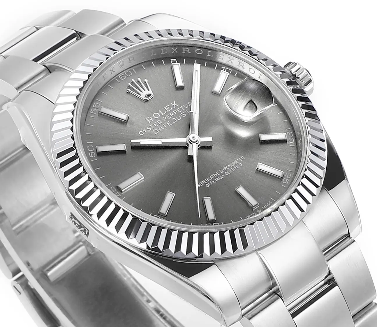Rolex Datejust 41mm Watch – Silver Fluted Bezel, Grey Dial, Stainless Steel Bracelet, Super Clone VSF Rolex ModernLook 121
