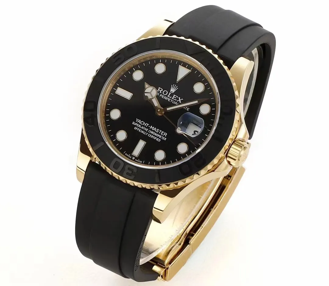 VS Factory Rolex Yacht-Master 42mm Yellow Gold Black Dial Oysterflex Rubber Strap Luxury Men’s Watch Sporty 342