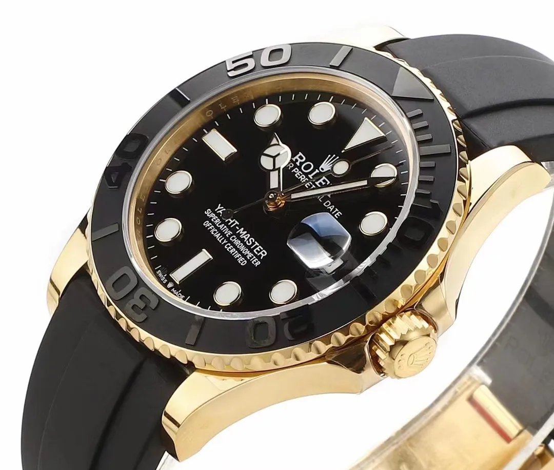 VS Factory Rolex Yacht-Master 42mm Yellow Gold Black Dial Oysterflex Rubber Strap Luxury Men’s Watch Sporty 342