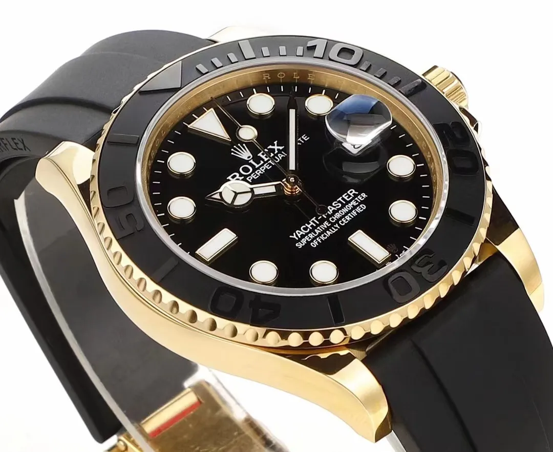 VS Factory Rolex Yacht-Master 42mm Yellow Gold Black Dial Oysterflex Rubber Strap Luxury Men’s Watch Sporty 342