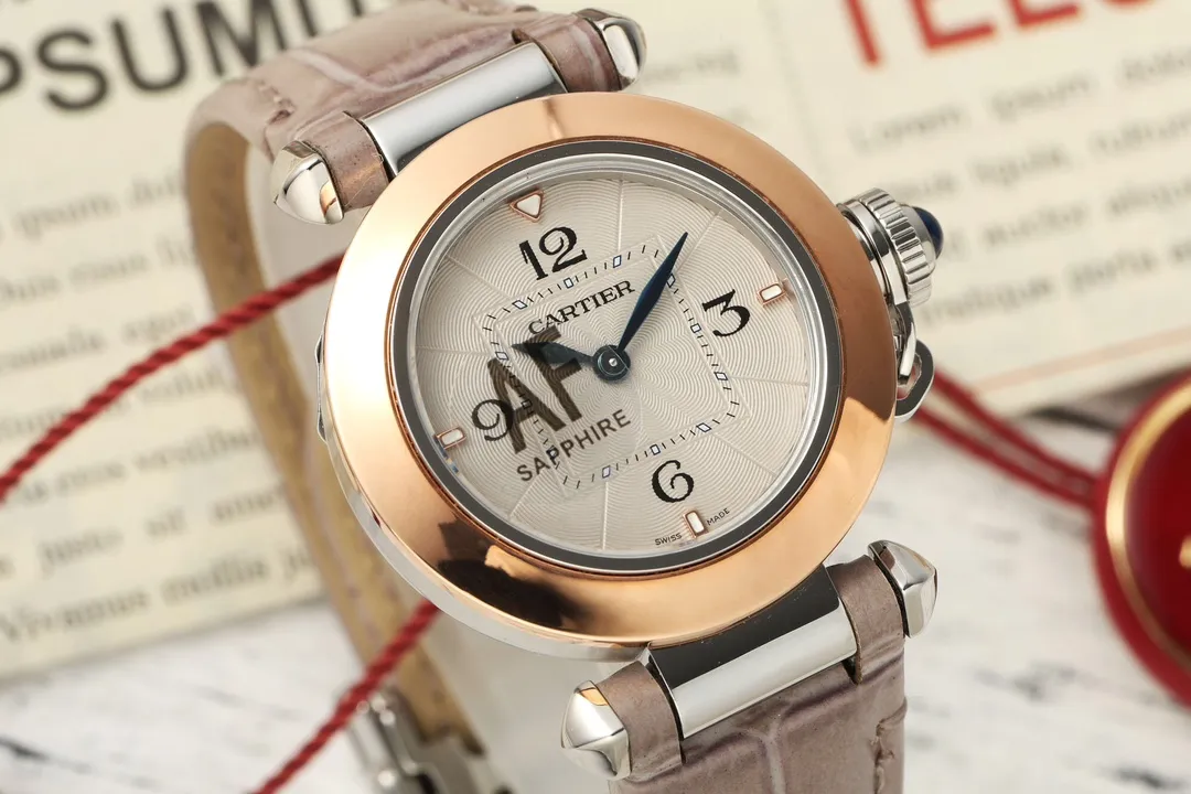 ComfortFit AF Factory Cartier Pasha de Cartier Women’s Rose Gold and Steel Automatic Watch with Beige Alligator Leather Strap and Sapphire Cabochon 2784