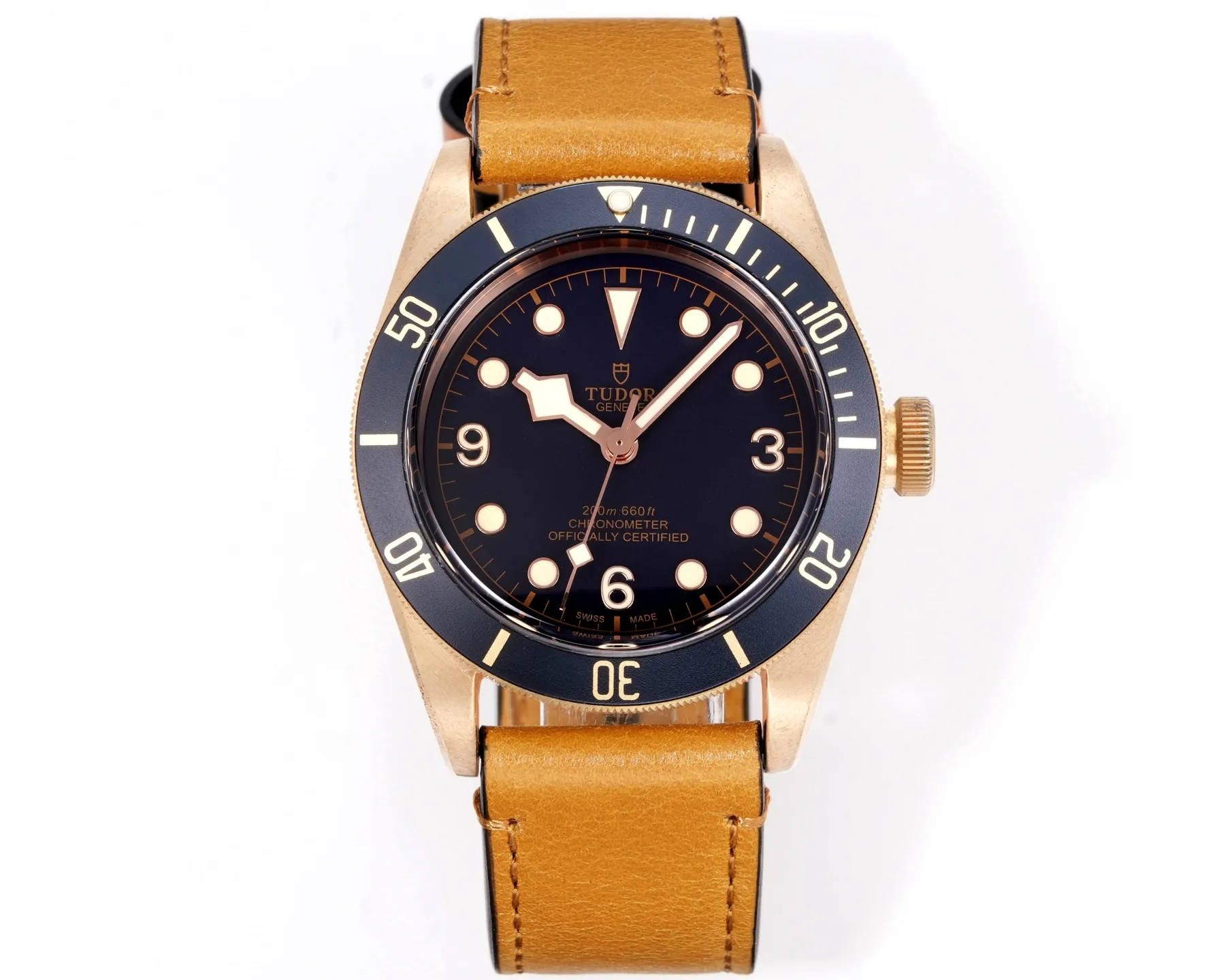 Tudor Black Bay Bronze Automatic Men’s Diver Watch with Black Dial, Brown Leather Strap, and Bronze Case TimelessDesign 4281