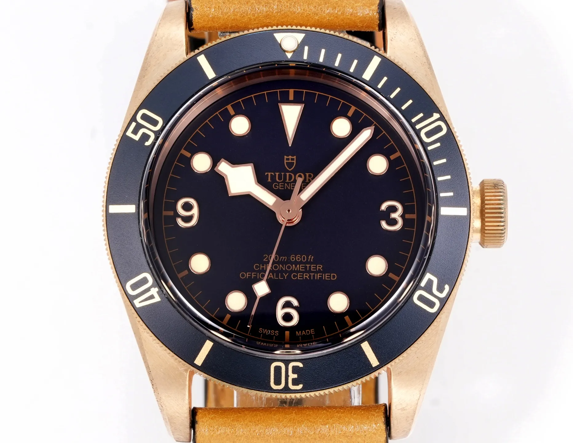 Tudor Black Bay Bronze Automatic Men’s Diver Watch with Black Dial, Brown Leather Strap, and Bronze Case TimelessDesign 4281