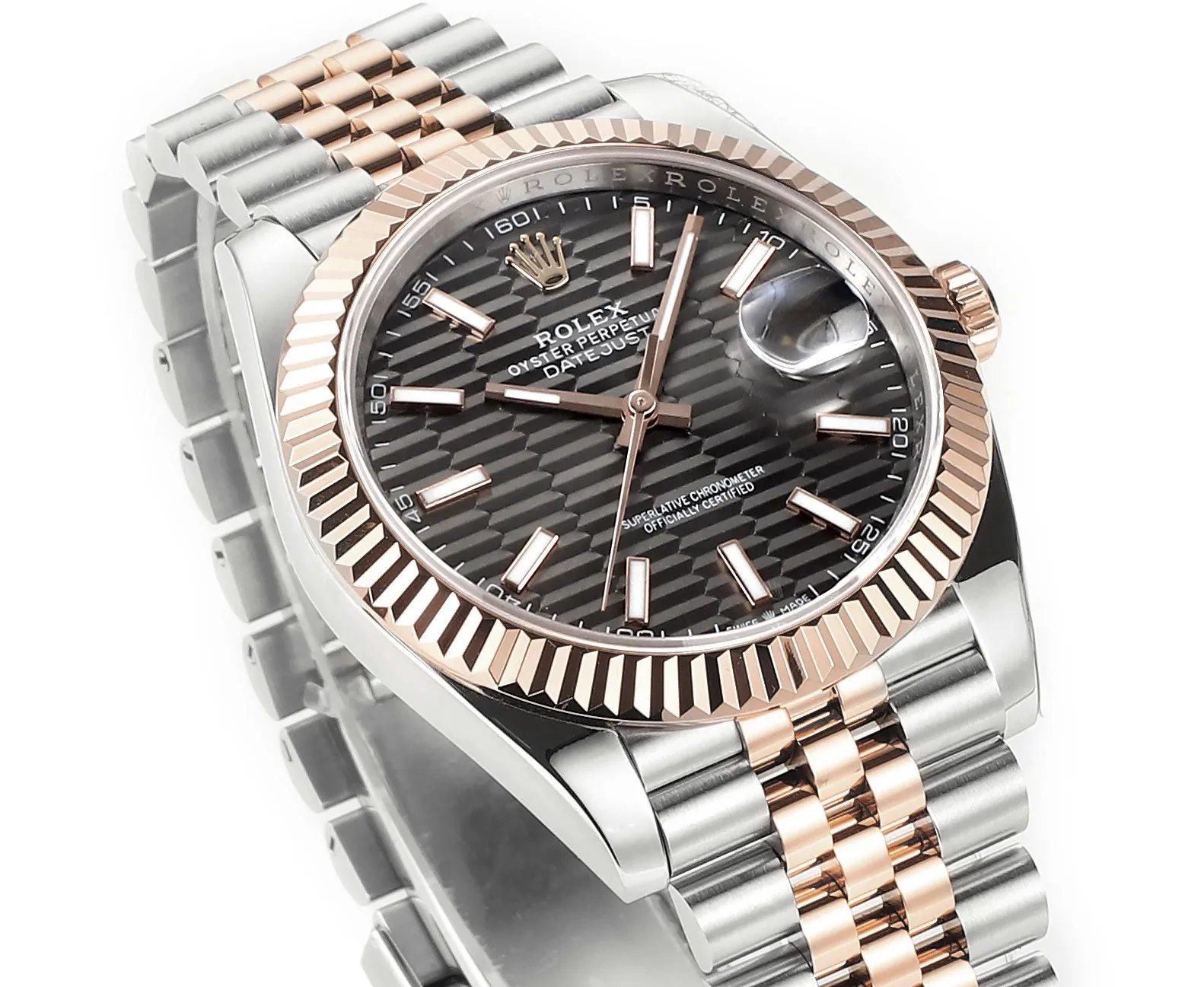 GoAnywhere AR Factory Rolex Datejust 41mm Two-Tone Stainless Steel and Rose Gold Jubilee Bracelet with Fluted Bezel and Slate Gray Striped Dial Men’s Watch 218