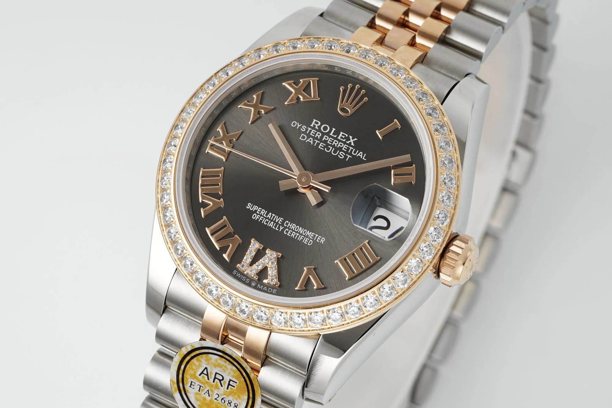 Snug AR Factory Rolex Datejust 31mm Oystersteel and Everose Gold Diamond Bezel Grey Roman Dial Jubilee Bracelet Luxury Watch 4990