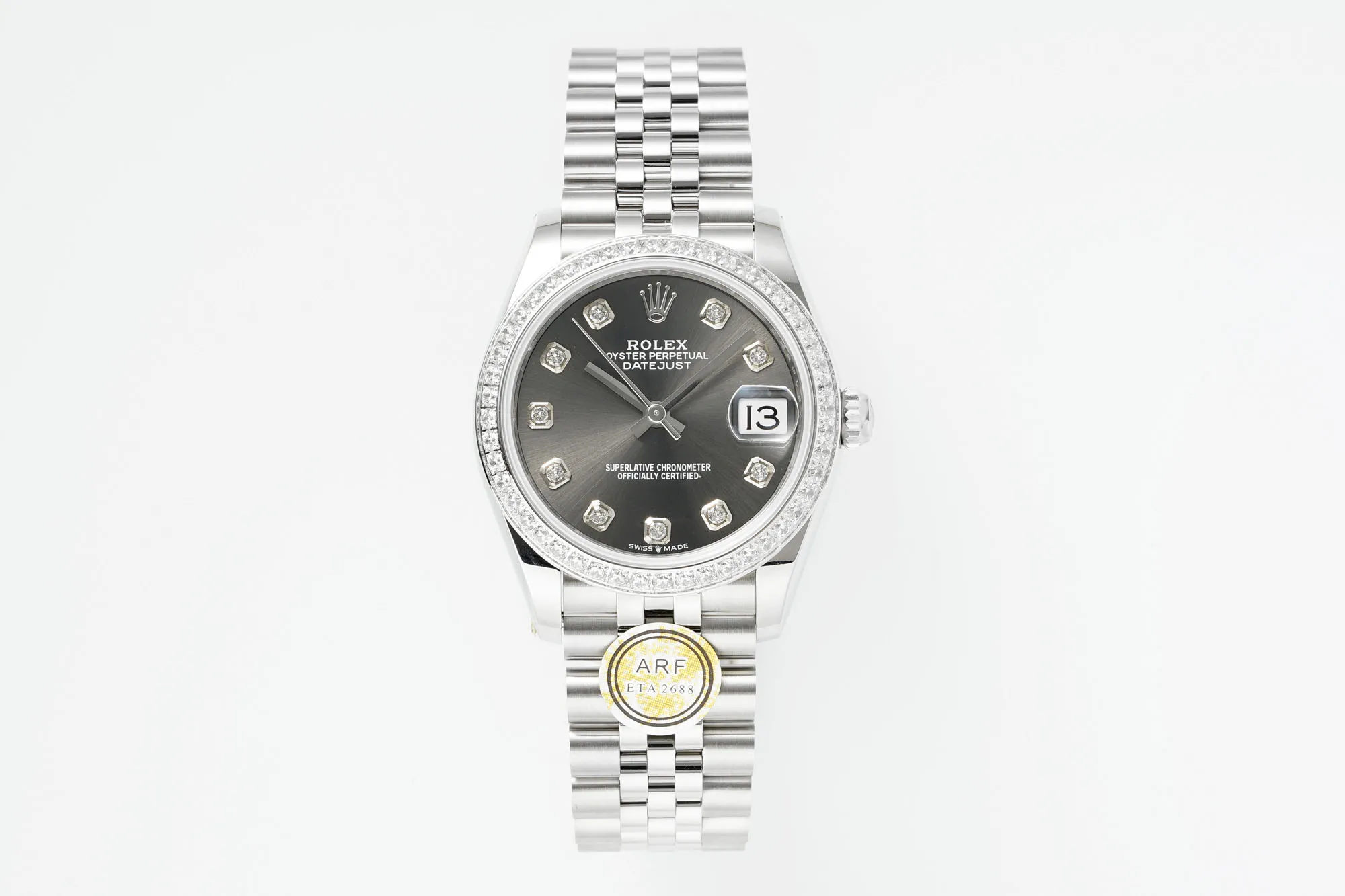 Sophisticated AR Factory Rolex Datejust Stainless Steel Watch with Diamond Bezel, Rhodium Dial, and Jubilee Bracelet 4968
