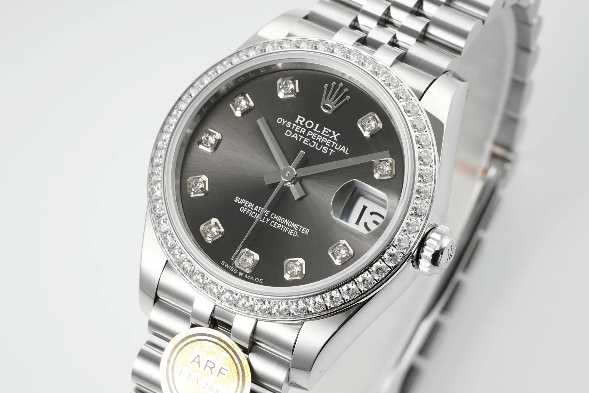 Sophisticated AR Factory Rolex Datejust Stainless Steel Watch with Diamond Bezel, Rhodium Dial, and Jubilee Bracelet 4968