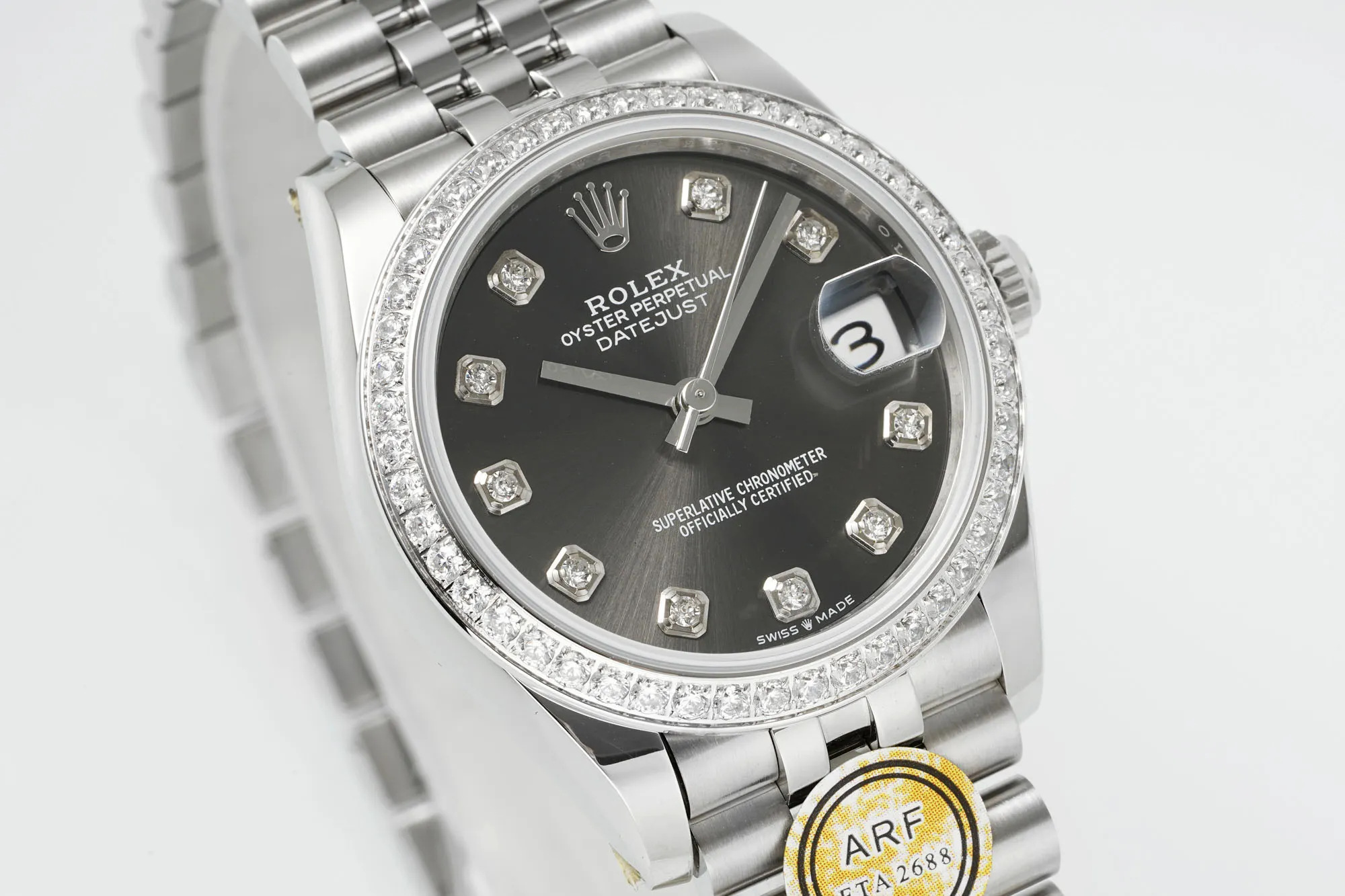 Sophisticated AR Factory Rolex Datejust Stainless Steel Watch with Diamond Bezel, Rhodium Dial, and Jubilee Bracelet 4968