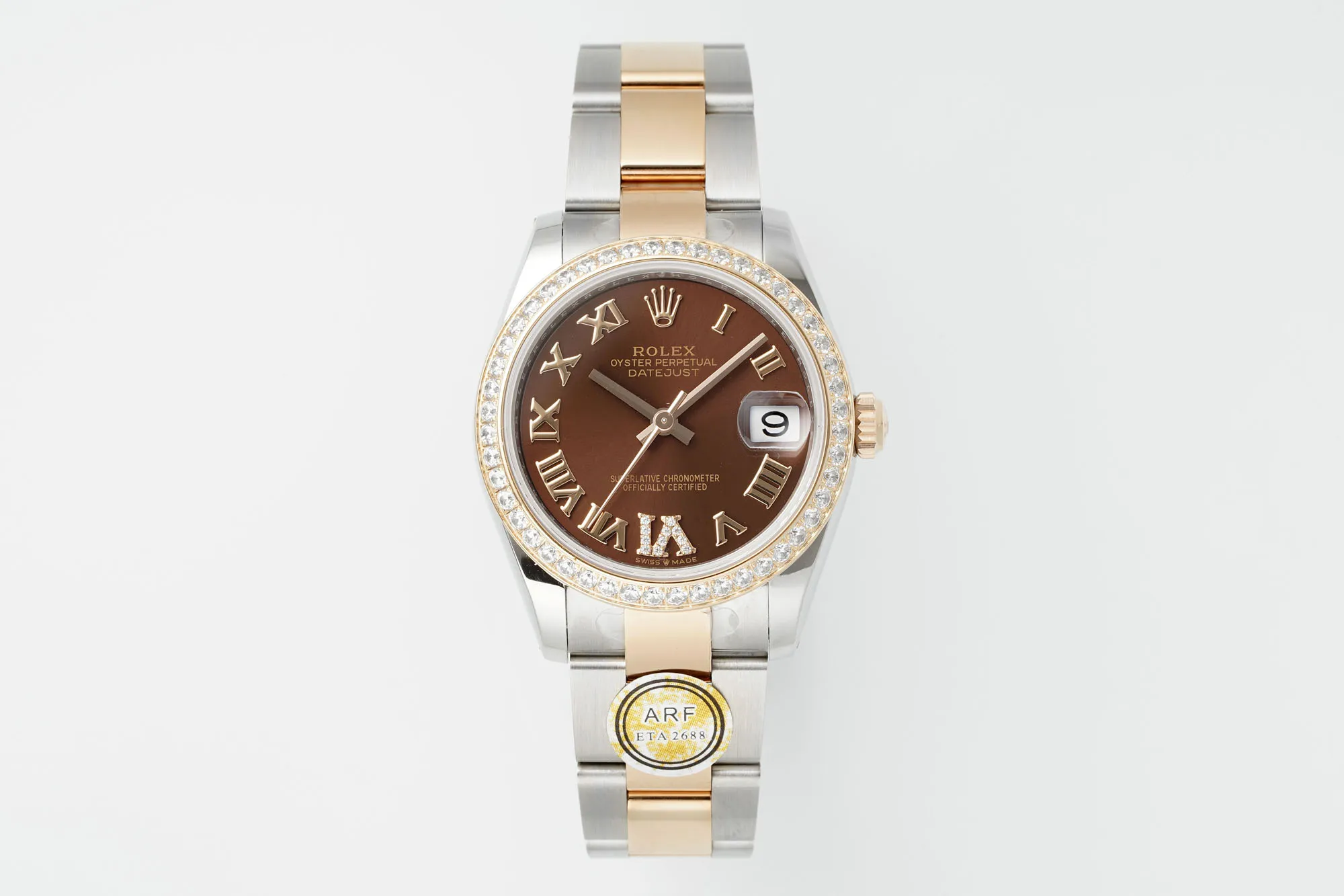 Contemporary AR Factory Rolex Datejust 31mm Two-Tone Steel and Yellow Gold Oyster Bracelet Chocolate Brown Roman Dial Diamond Bezel Women’s Watch 4979