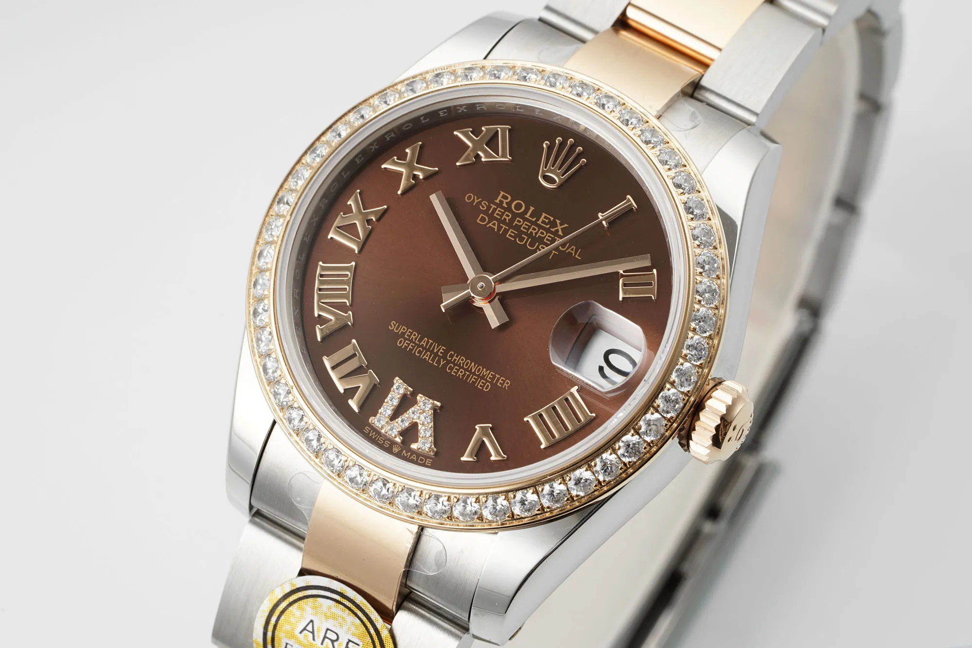 Contemporary AR Factory Rolex Datejust 31mm Two-Tone Steel and Yellow Gold Oyster Bracelet Chocolate Brown Roman Dial Diamond Bezel Women’s Watch 4979