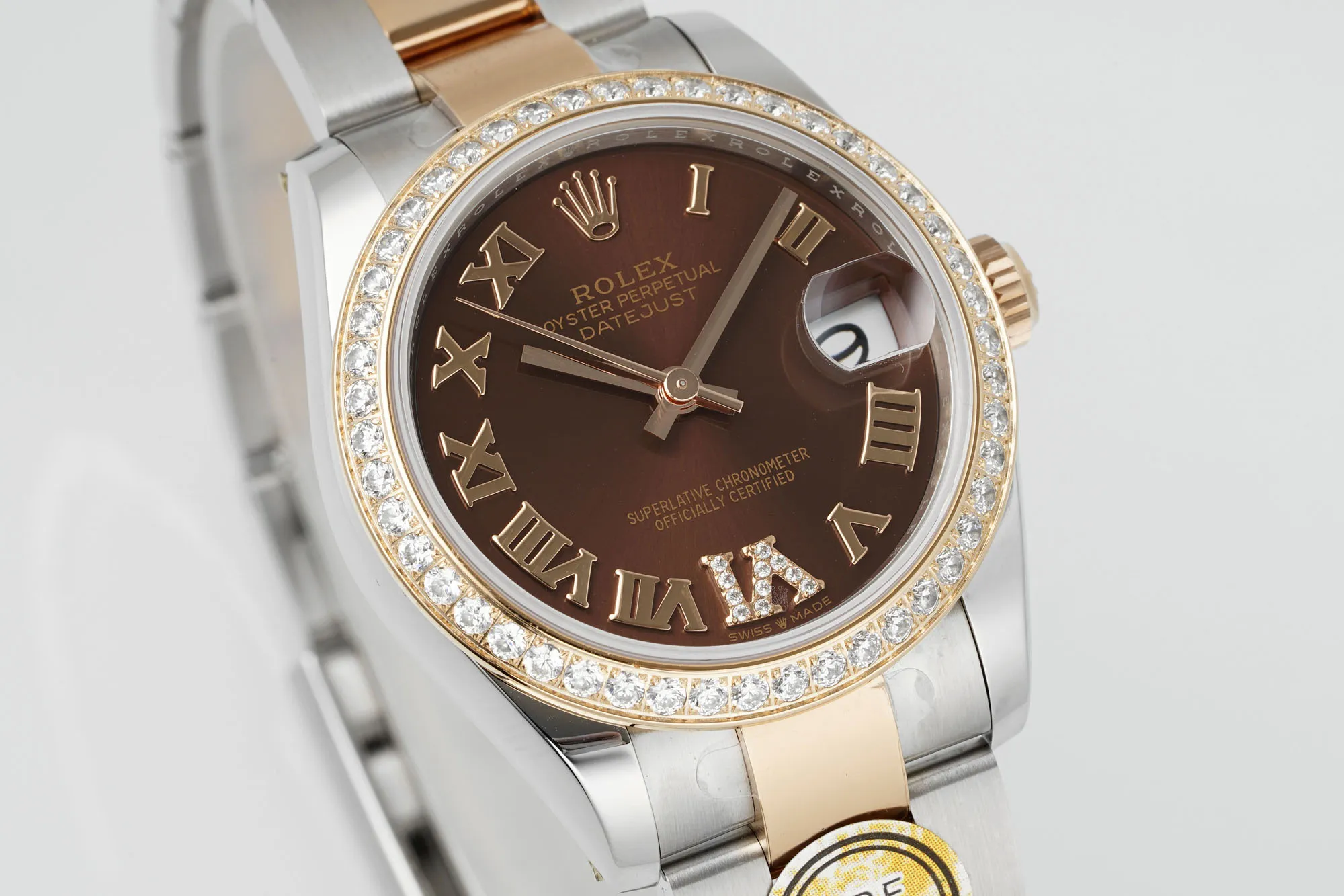 Contemporary AR Factory Rolex Datejust 31mm Two-Tone Steel and Yellow Gold Oyster Bracelet Chocolate Brown Roman Dial Diamond Bezel Women’s Watch 4979