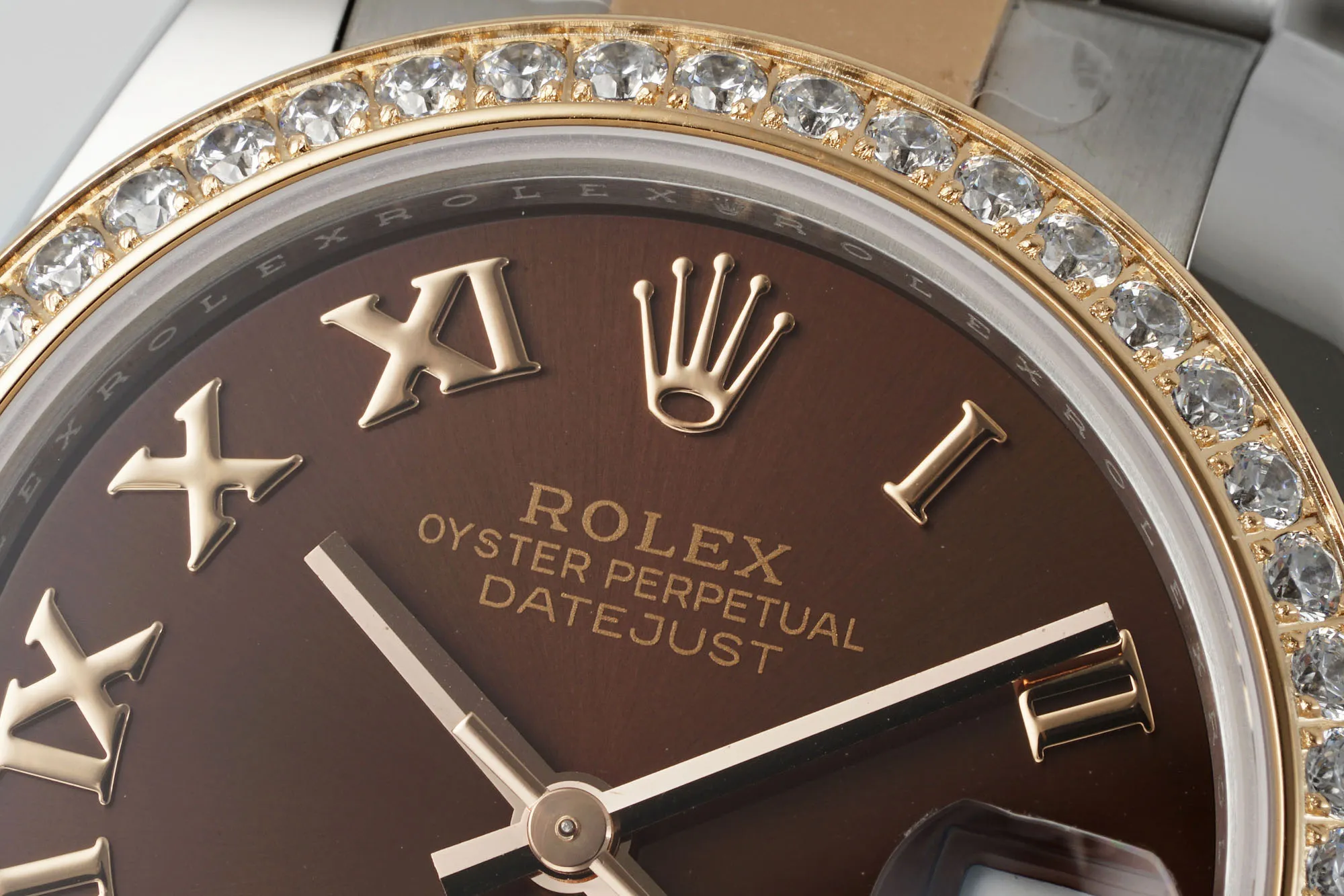 Contemporary AR Factory Rolex Datejust 31mm Two-Tone Steel and Yellow Gold Oyster Bracelet Chocolate Brown Roman Dial Diamond Bezel Women’s Watch 4979