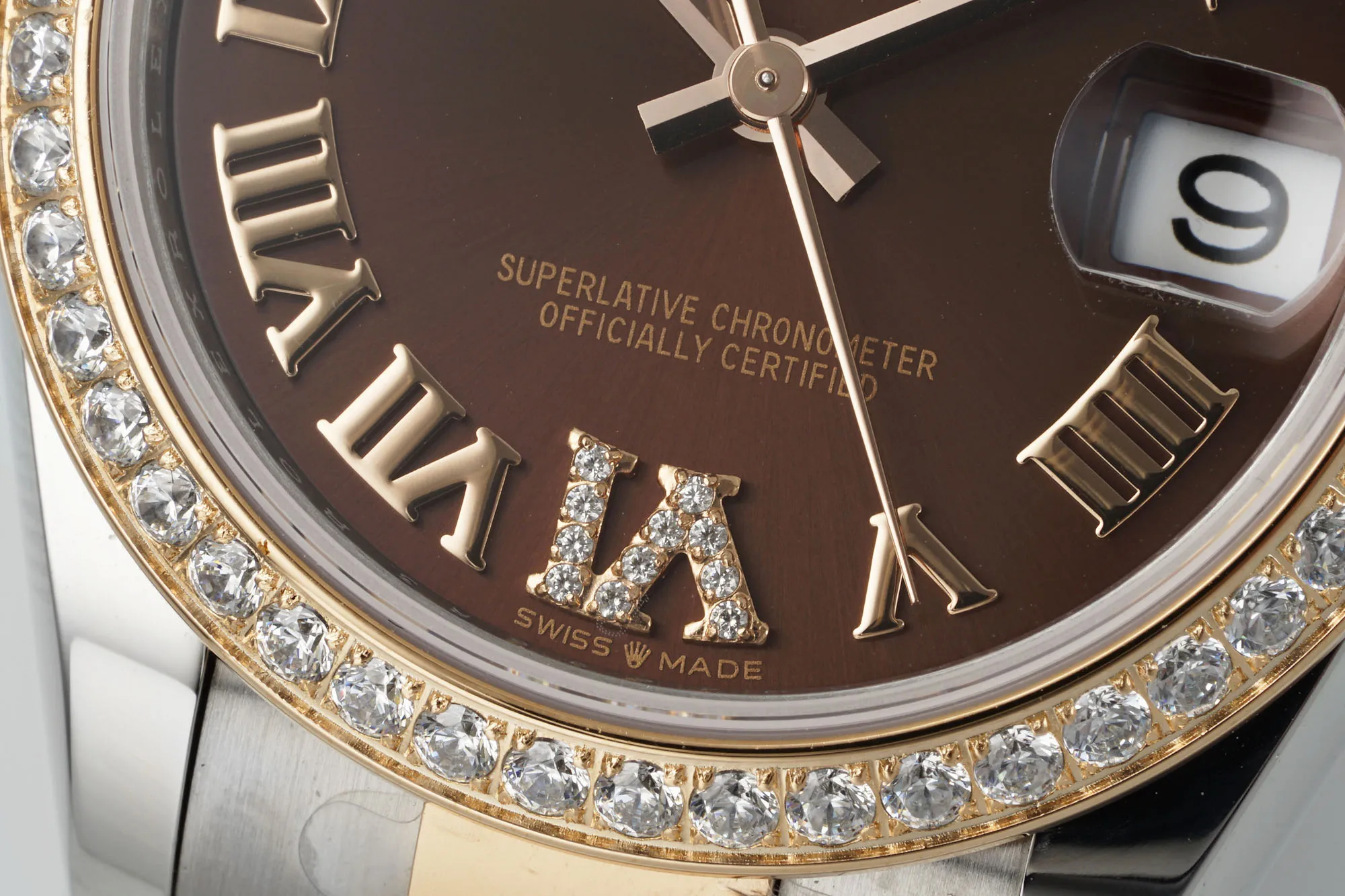 Contemporary AR Factory Rolex Datejust 31mm Two-Tone Steel and Yellow Gold Oyster Bracelet Chocolate Brown Roman Dial Diamond Bezel Women’s Watch 4979