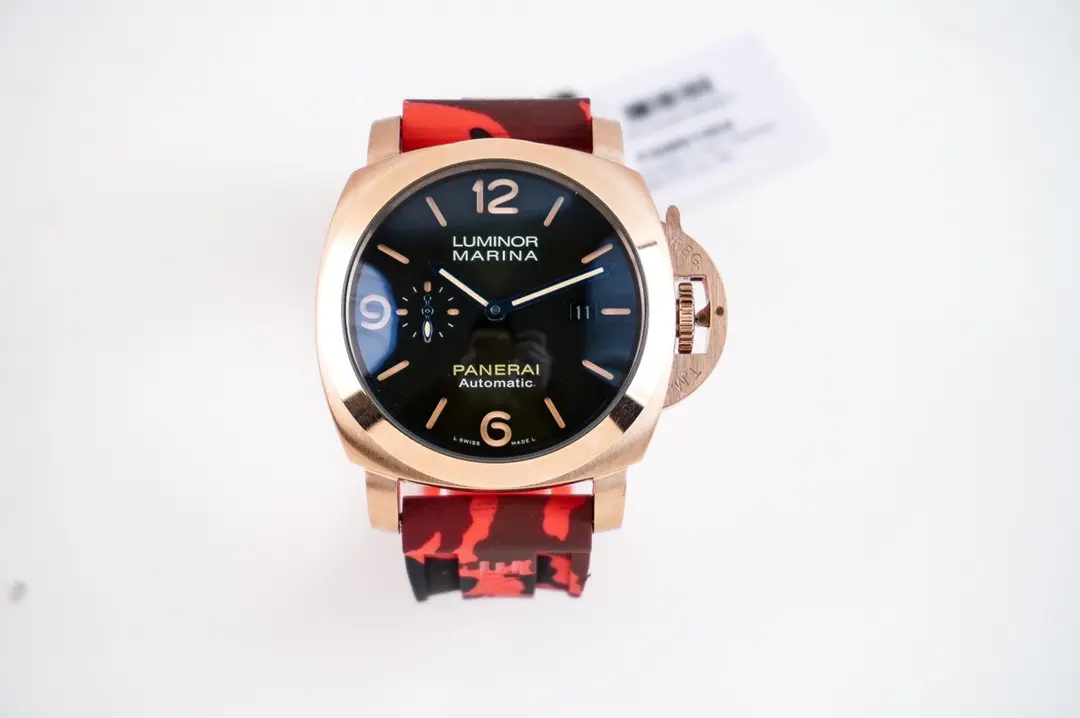 WaterResistant ZF Factory Panerai Luminor Marina Automatic Men’s Watch – Red Camo Rubber Strap, Rose Gold Case, 45mm,  VSF Watches Quality 824