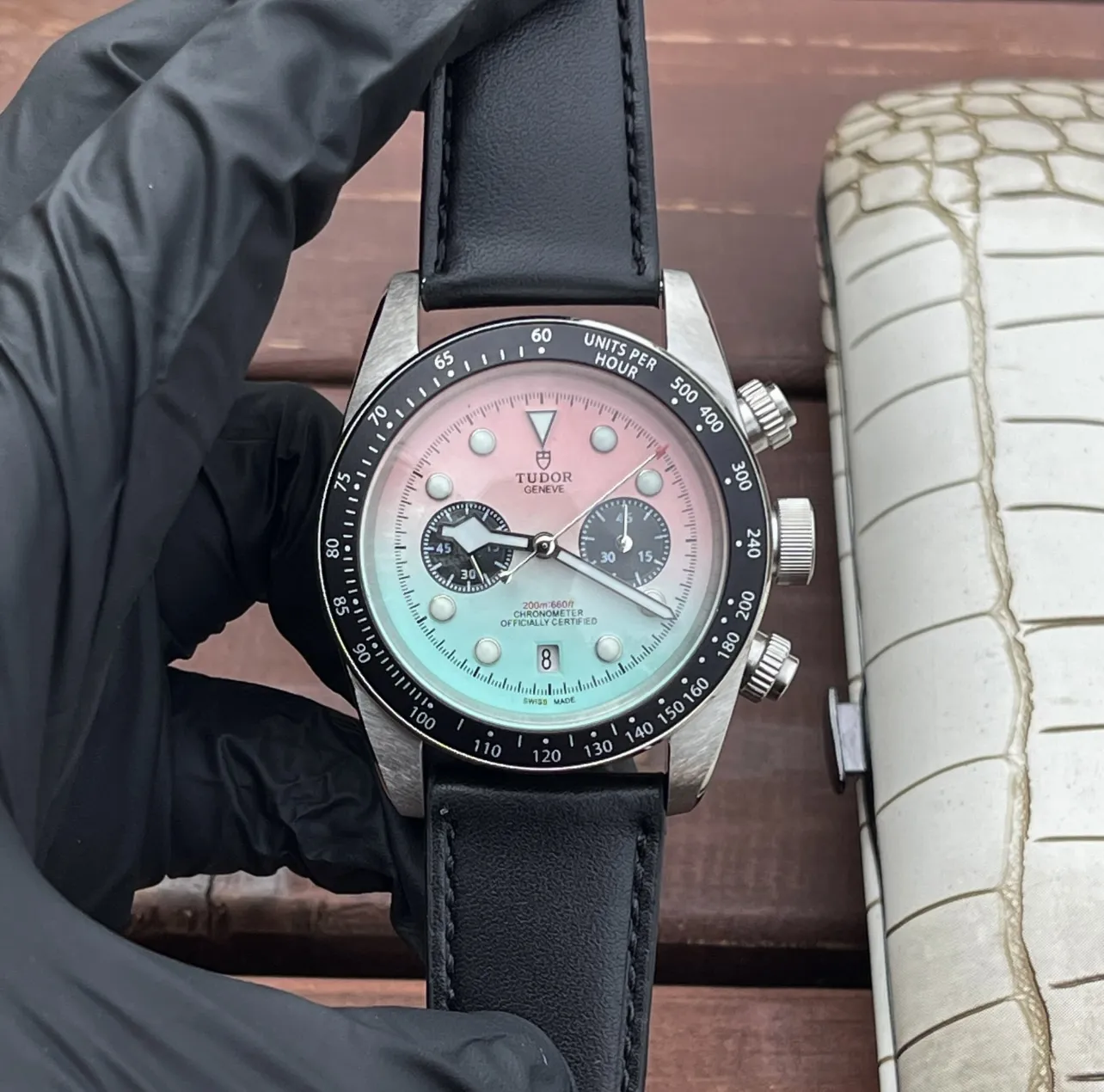 Tudor Black Bay Chrono Gradient Pink-to-Blue Dial Stainless Steel Chronograph Watch with Black Leather Strap EyeCatching 4289
