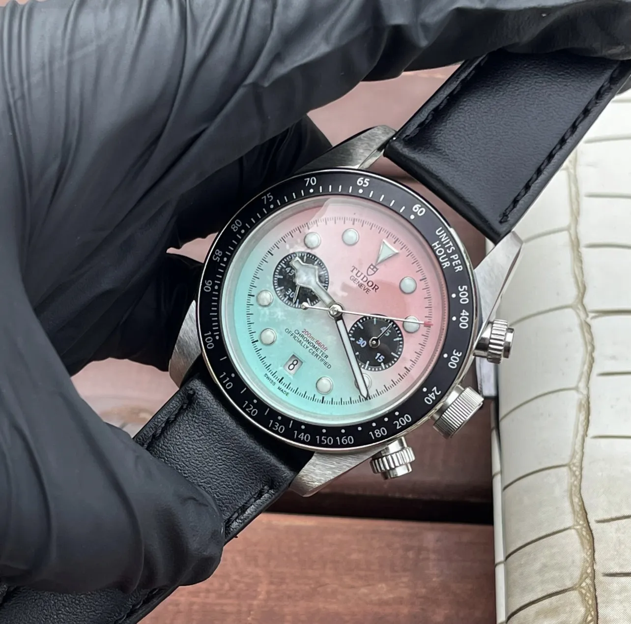 Tudor Black Bay Chrono Gradient Pink-to-Blue Dial Stainless Steel Chronograph Watch with Black Leather Strap EyeCatching 4289