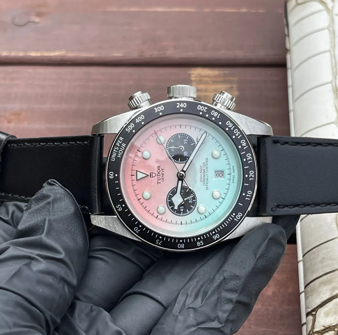 Tudor Black Bay Chrono Gradient Pink-to-Blue Dial Stainless Steel Chronograph Watch with Black Leather Strap EyeCatching 4289