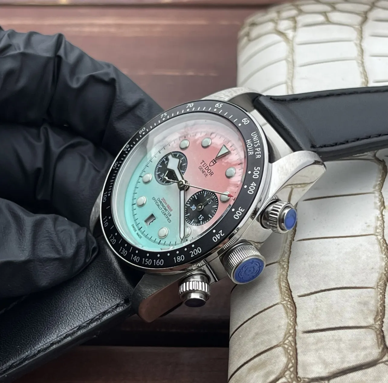 Tudor Black Bay Chrono Gradient Pink-to-Blue Dial Stainless Steel Chronograph Watch with Black Leather Strap EyeCatching 4289