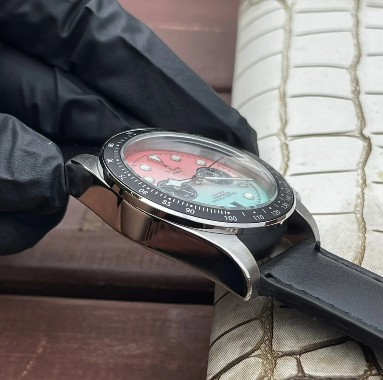 Tudor Black Bay Chrono Gradient Pink-to-Blue Dial Stainless Steel Chronograph Watch with Black Leather Strap EyeCatching 4289