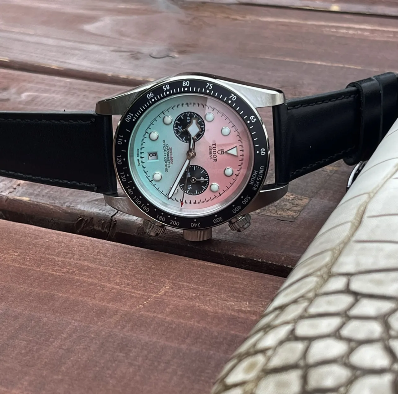 Tudor Black Bay Chrono Gradient Pink-to-Blue Dial Stainless Steel Chronograph Watch with Black Leather Strap EyeCatching 4289