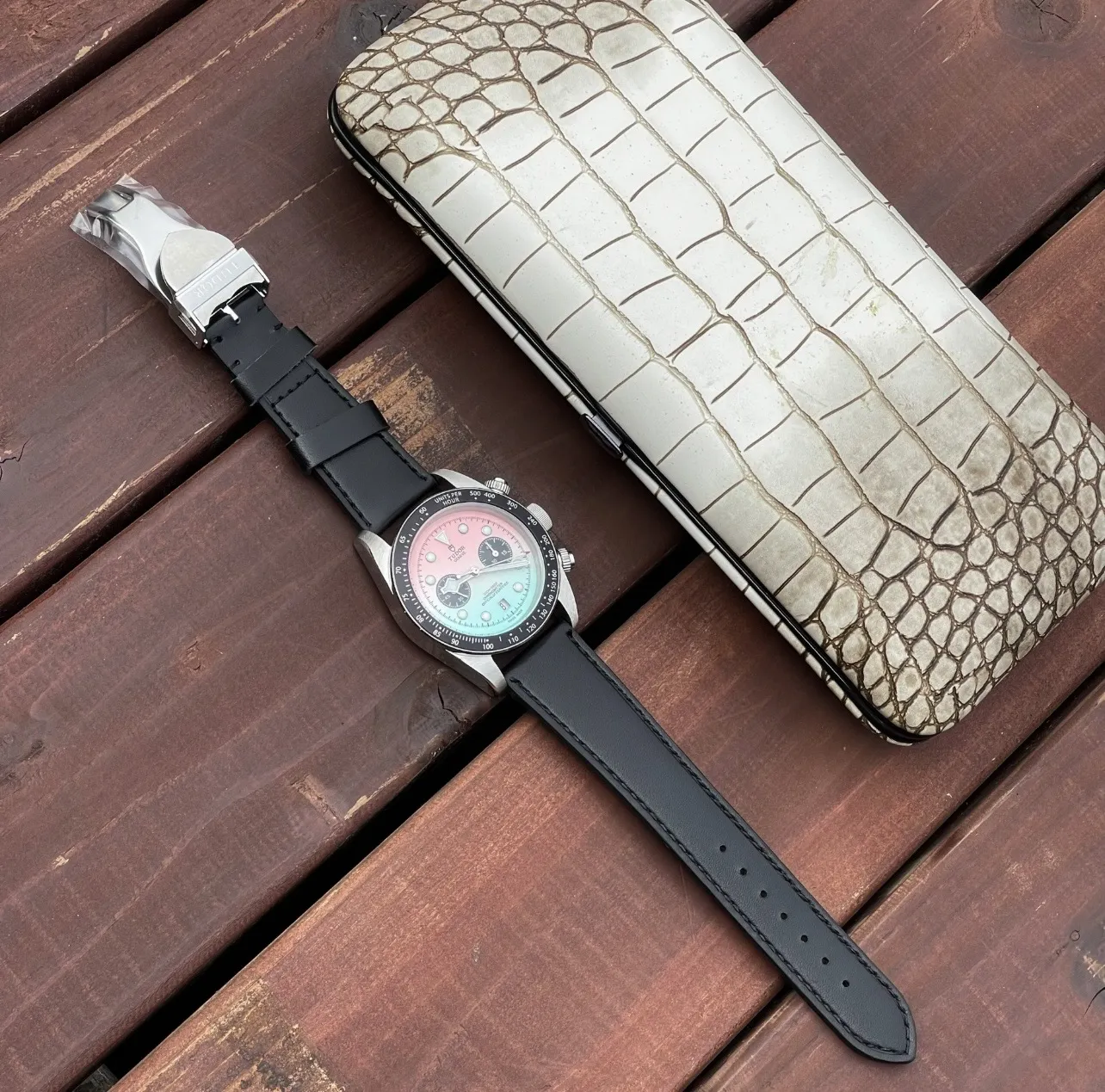Tudor Black Bay Chrono Gradient Pink-to-Blue Dial Stainless Steel Chronograph Watch with Black Leather Strap EyeCatching 4289