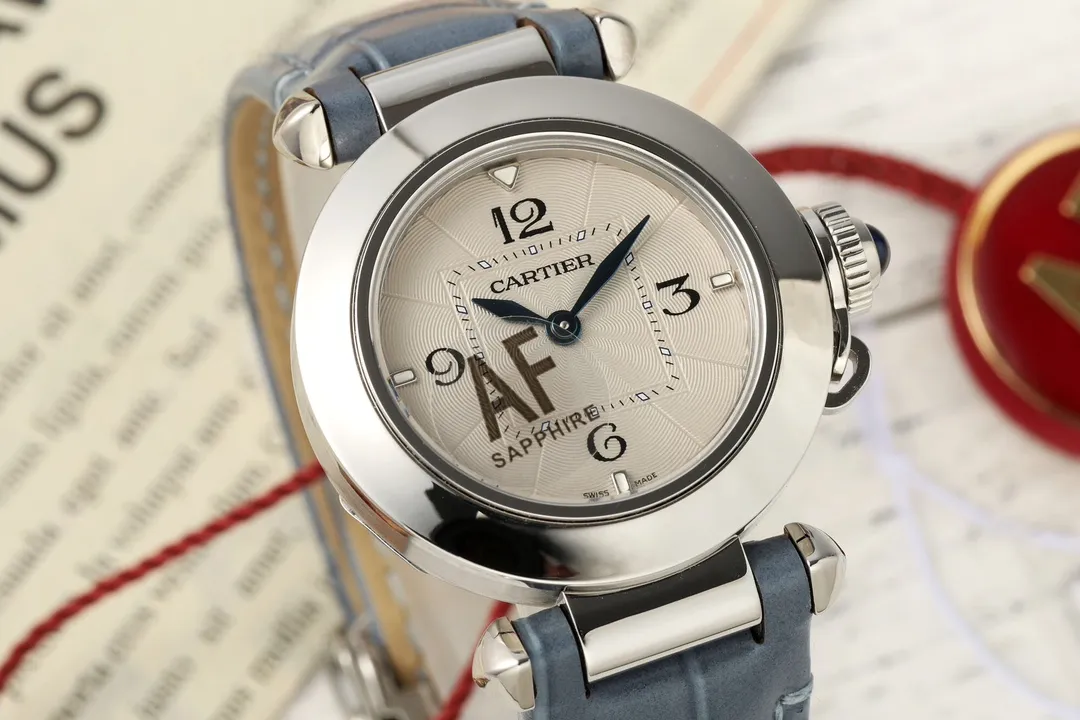 AF Factory Cartier Pasha de Cartier Stainless Steel Watch with Blue Leather Strap and White Dial Sophisticated 5399