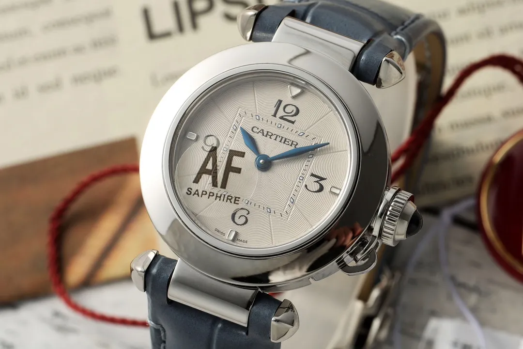 AF Factory Cartier Pasha de Cartier Stainless Steel Watch with Blue Leather Strap and White Dial Sophisticated 5399