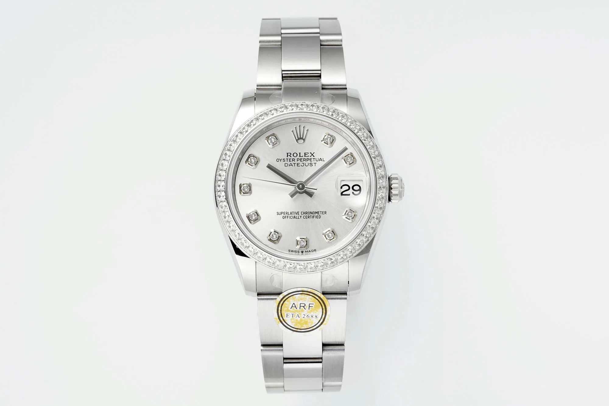 Contemporary AR Factory Rolex Oyster Perpetual Datejust 31mm White Dial Diamond Bezel Stainless Steel Ladies Watch 4969