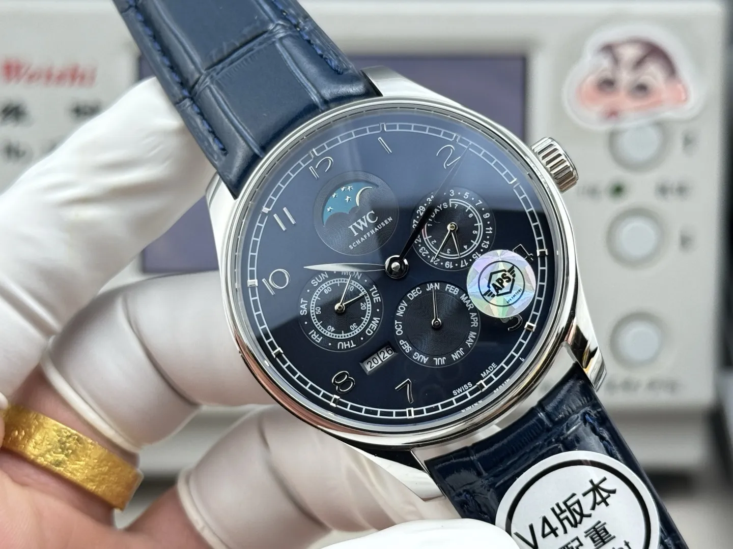 Cozy APS Factory IWC Portugieser Perpetual Calendar Automatic Men’s Watch Blue Dial Leather Strap Silver Case 4300