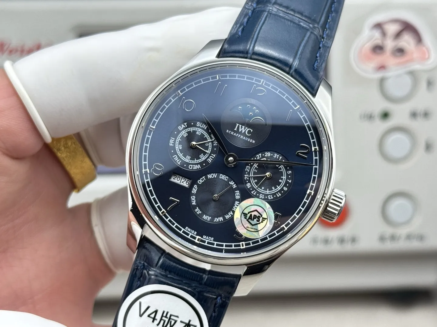 Cozy APS Factory IWC Portugieser Perpetual Calendar Automatic Men’s Watch Blue Dial Leather Strap Silver Case 4300