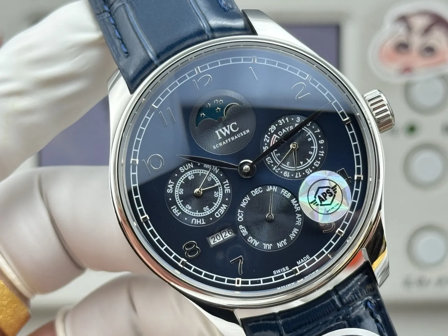 Cozy APS Factory IWC Portugieser Perpetual Calendar Automatic Men’s Watch Blue Dial Leather Strap Silver Case 4300