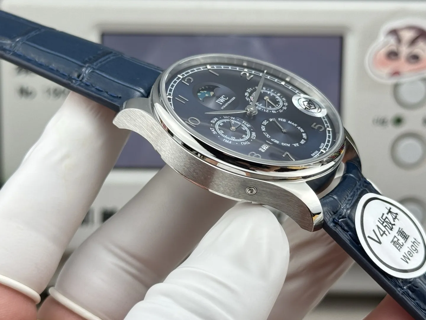 Cozy APS Factory IWC Portugieser Perpetual Calendar Automatic Men’s Watch Blue Dial Leather Strap Silver Case 4300