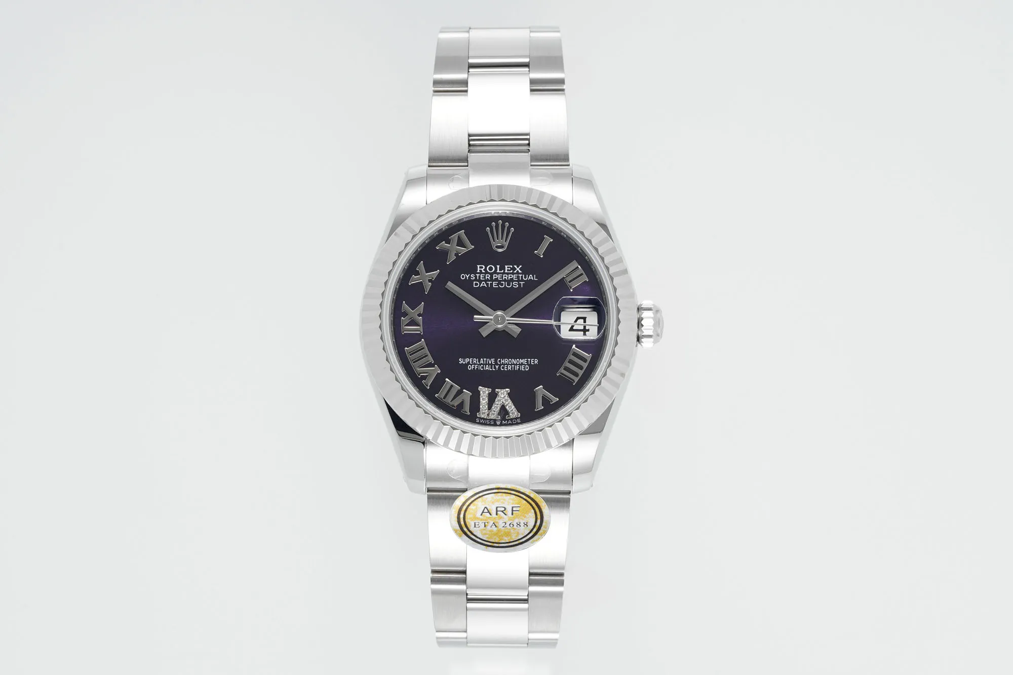 AR Factory Rolex Datejust 31mm Stainless Steel Oyster Perpetual Watch with Purple Roman Numeral Dial and Fluted Bezel Sleek 4956