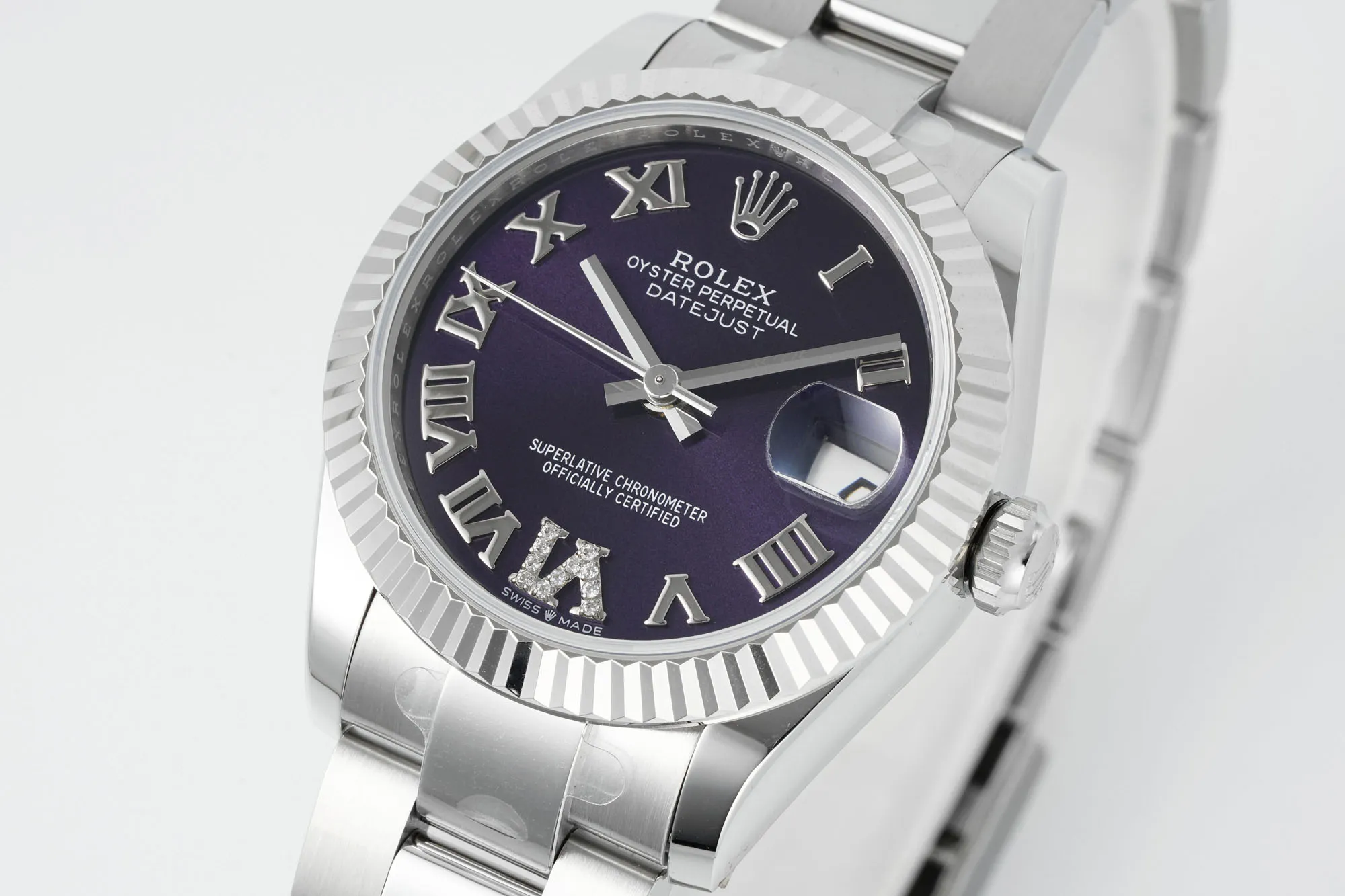 AR Factory Rolex Datejust 31mm Stainless Steel Oyster Perpetual Watch with Purple Roman Numeral Dial and Fluted Bezel Sleek 4956