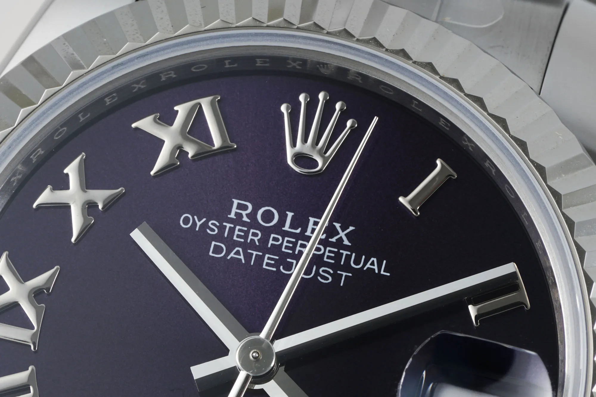 AR Factory Rolex Datejust 31mm Stainless Steel Oyster Perpetual Watch with Purple Roman Numeral Dial and Fluted Bezel Sleek 4956