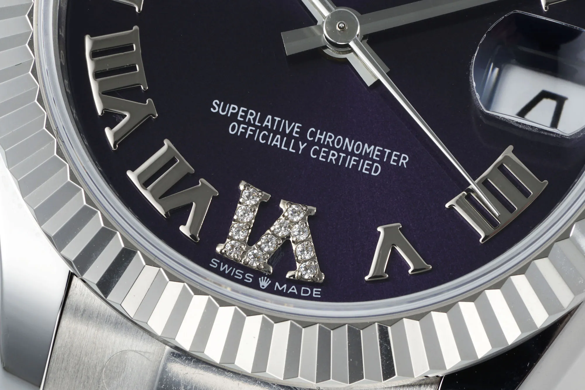 AR Factory Rolex Datejust 31mm Stainless Steel Oyster Perpetual Watch with Purple Roman Numeral Dial and Fluted Bezel Sleek 4956