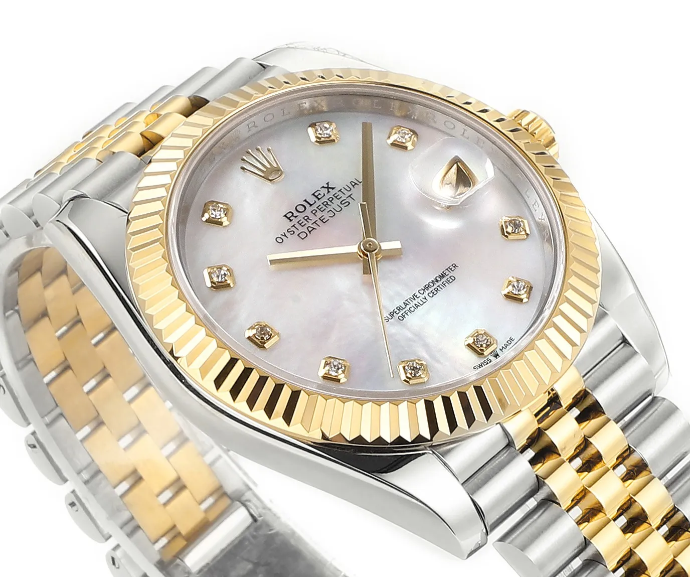 AR Factory Rolex Datejust 41mm Two-Tone Yellow Gold & Stainless Steel White Mother-of-Pearl Diamond Dial Fluted Bezel Jubilee Bracelet Watch FashionForward 165