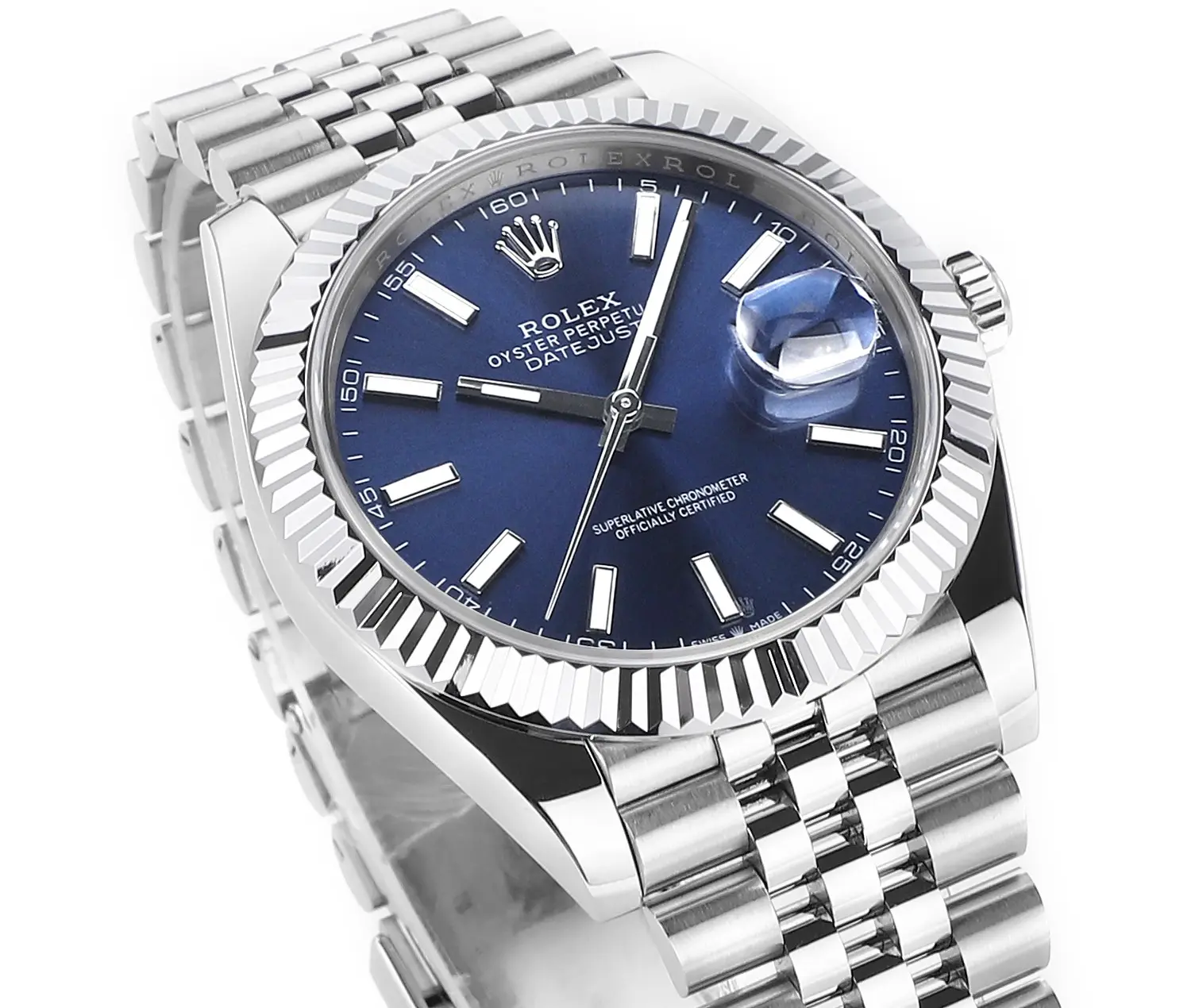 Modern Rolex Datejust 41mm Watch – Silver with Blue Dial, Fluted Bezel, Super Clone VSF Rolex 107