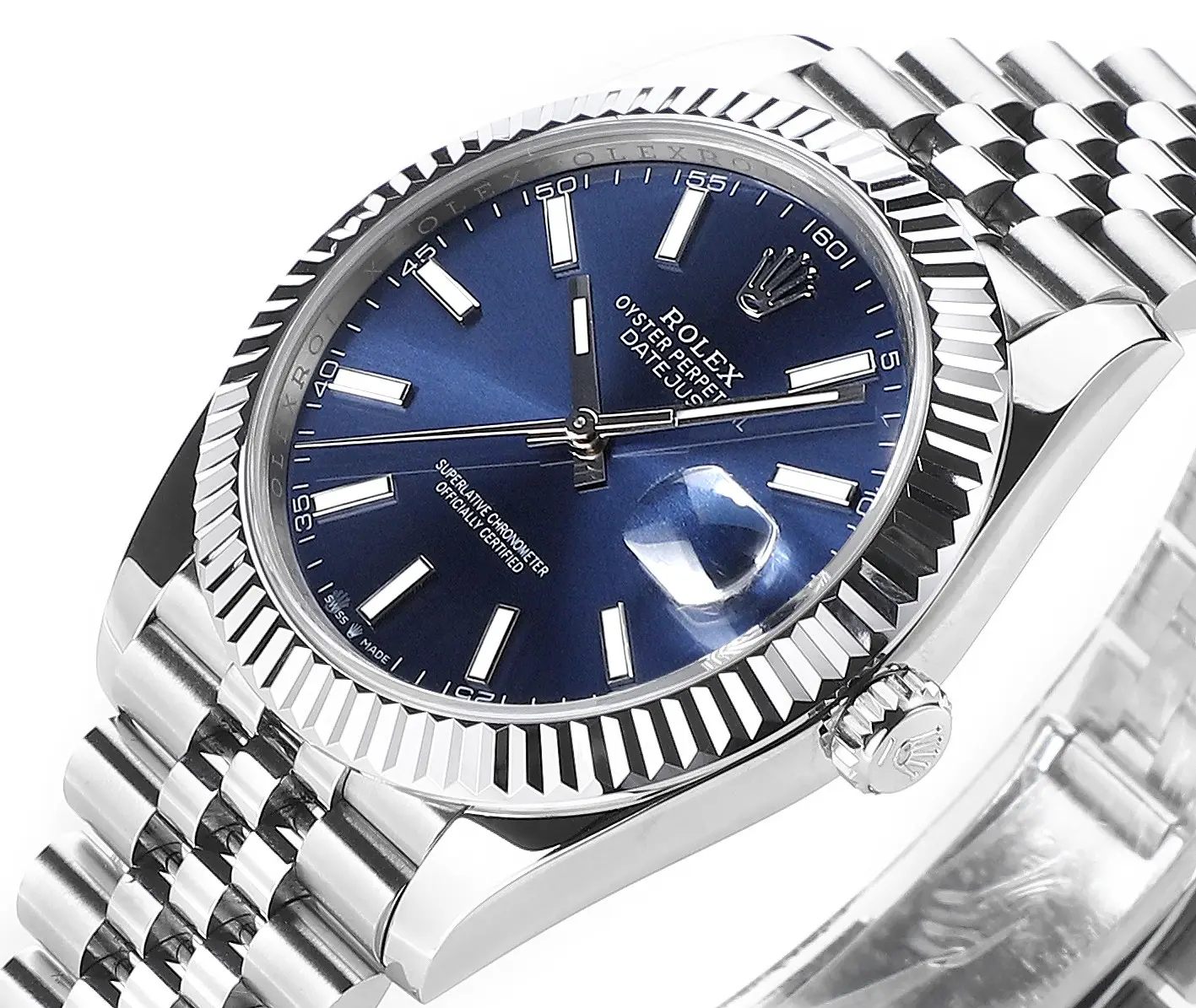 Modern Rolex Datejust 41mm Watch – Silver with Blue Dial, Fluted Bezel, Super Clone VSF Rolex 107
