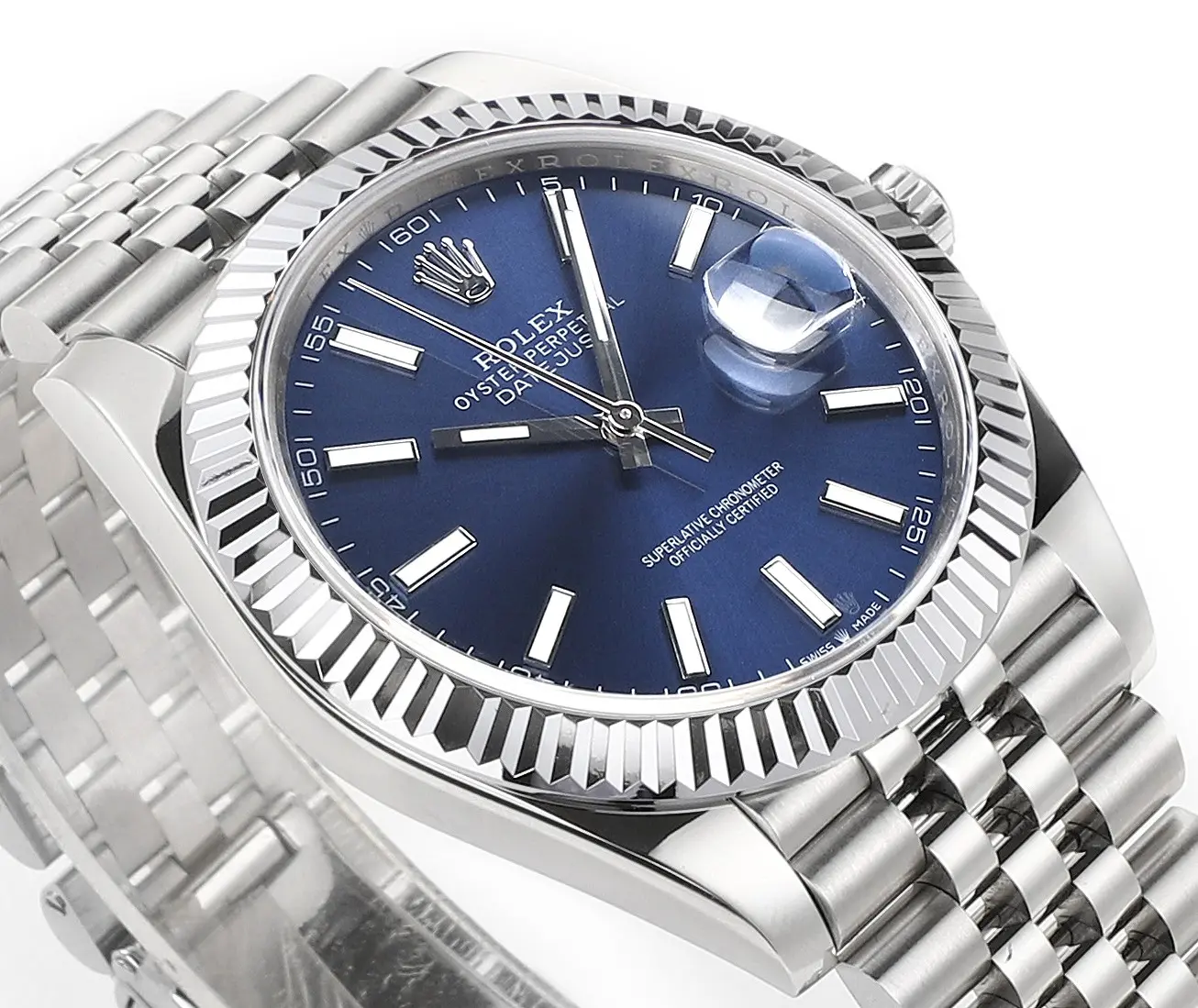 Modern Rolex Datejust 41mm Watch – Silver with Blue Dial, Fluted Bezel, Super Clone VSF Rolex 107