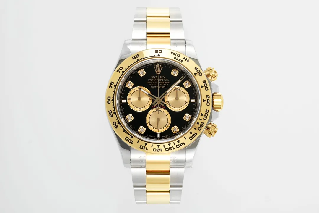 Rolex Daytona Watch – Two-Tone Stainless Steel and Gold, Black Dial, Chronograph Style Durable 49