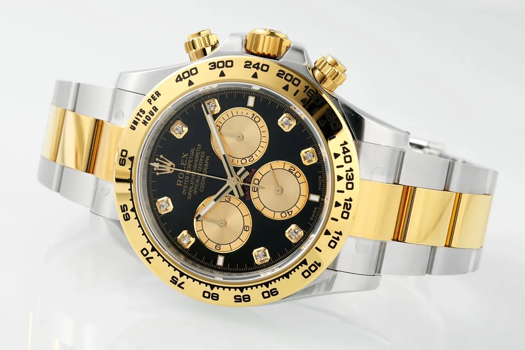 Rolex Daytona Watch – Two-Tone Stainless Steel and Gold, Black Dial, Chronograph Style Durable 49