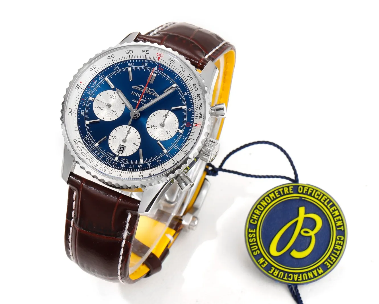 BLS Factory Breitling Navitimer B01 Chronograph 43mm Blue Dial Silver Case Brown Leather Strap Watch Seasonal 5554