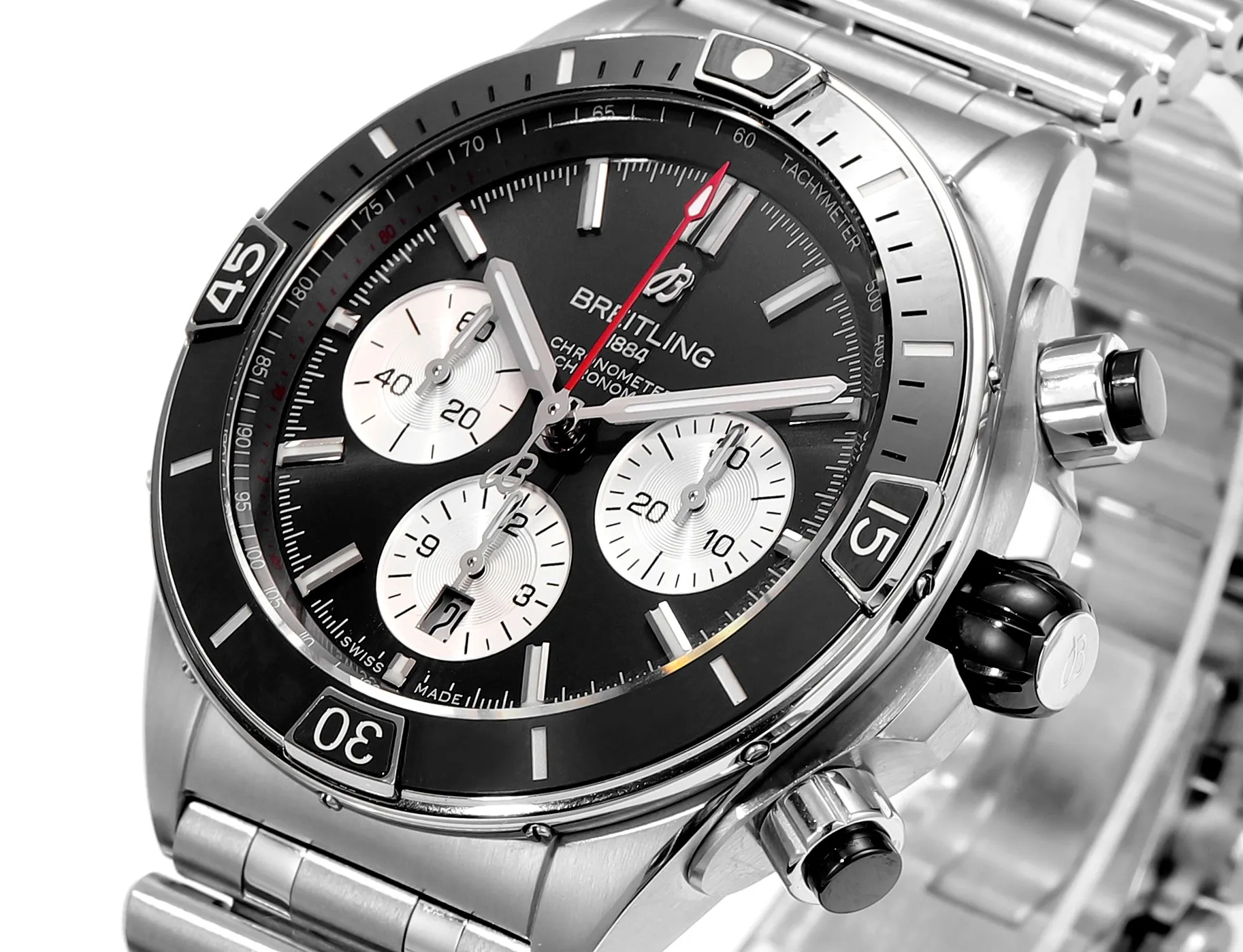 BLS Factory Breitling Super Chronomat B01 Chronograph 44mm Black Dial Stainless Steel Bracelet Watch SmoothTexture 5526
