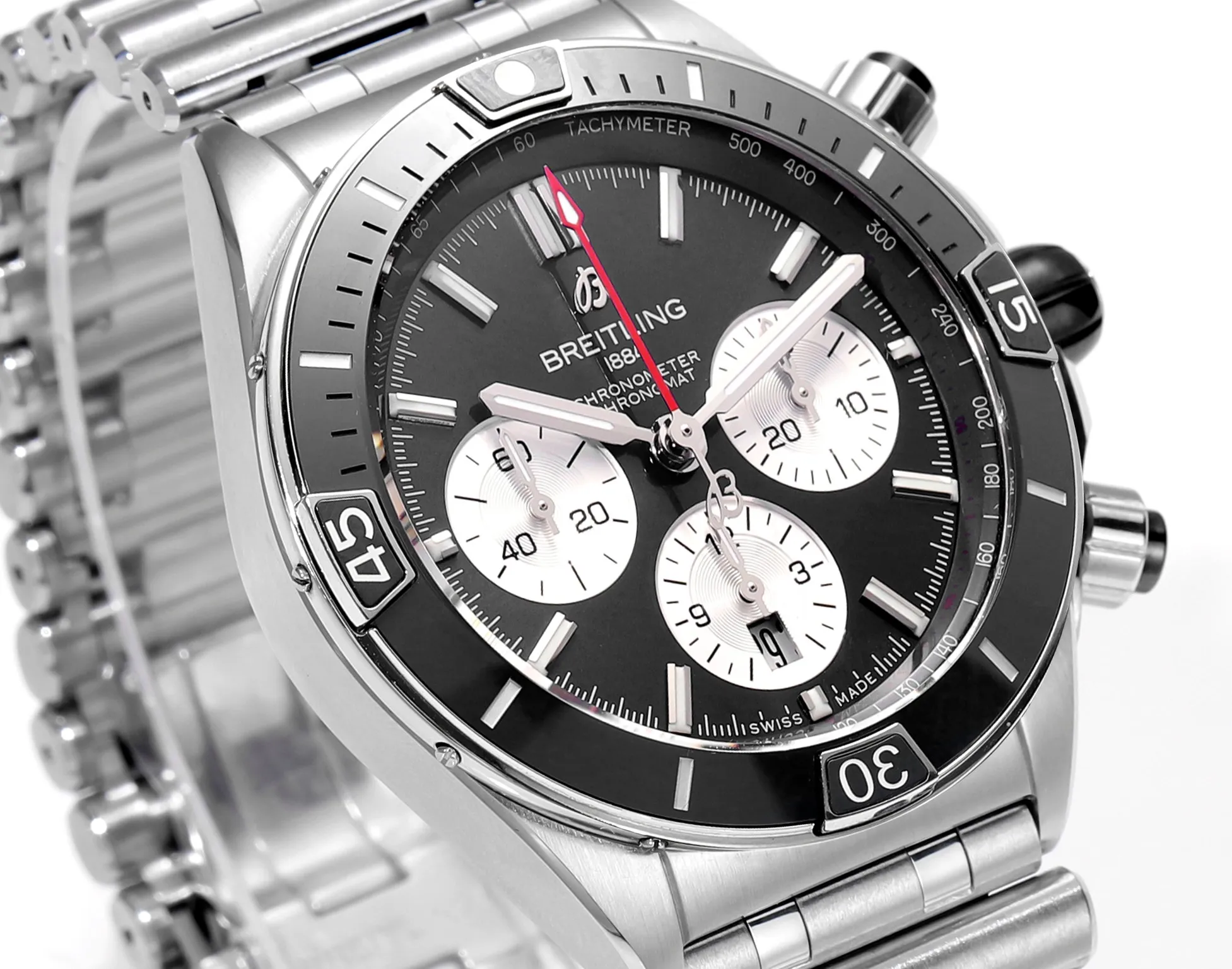 BLS Factory Breitling Super Chronomat B01 Chronograph 44mm Black Dial Stainless Steel Bracelet Watch SmoothTexture 5526